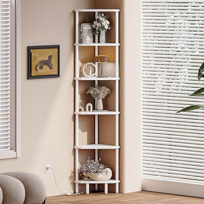6 Tier Corner Shelf with LED Light, 66.5'' Tall Standing Shelf, Narrow Display Shelf Stand, Modern Corner Bookshelf, Plant Stand, Corner Bookcase for Living Room, Bedroom, Small Space LCS502WE