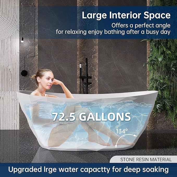 64'' Stone Resin Solid Surface Freestanding Bathtub, Modern Elegant Design Soaking Stand Alone Tub, Diamond Pattern Matte White, Drain and Overflow Included 019-1630