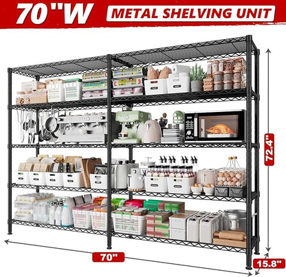 REIBII 70" W Storage Shelves Load 1600LBS,Metal Shelving 5-Tier Wire Shelving Unit Garage Shelving for Storage Adjustable Metal Shelves for Pantry Kitchen Garage Commercial, 70" W*15.8" D*72.4" H