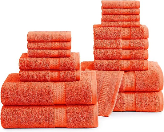 LANE LINEN 100% Ring Spun Cotton Luxury Bath Towel Set, 18 PCs - 4 Bath Towels, 8 Washcloths, 6 Hand Towels for Bathroom - Sustainably Produced & Pet Friendly, Oeko-Tex Certified - Tiger Lily