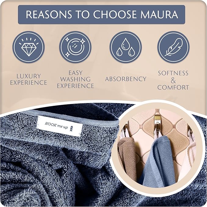 MAURA Basics Performance Bath Towels 100% Turkish Cotton with Hook Loops. Extra Large Luxury Absorbent Plush Towel Sets for Bathroom, Daily Use American Standard Size 27”x54”, Denim Blue