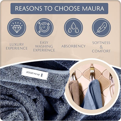 MAURA Basics Performance Bath Towels 100% Turkish Cotton with Hook Loops. Extra Large Luxury Absorbent Plush Towel Sets for Bathroom, Daily Use American Standard Size 27”x54”, Denim Blue