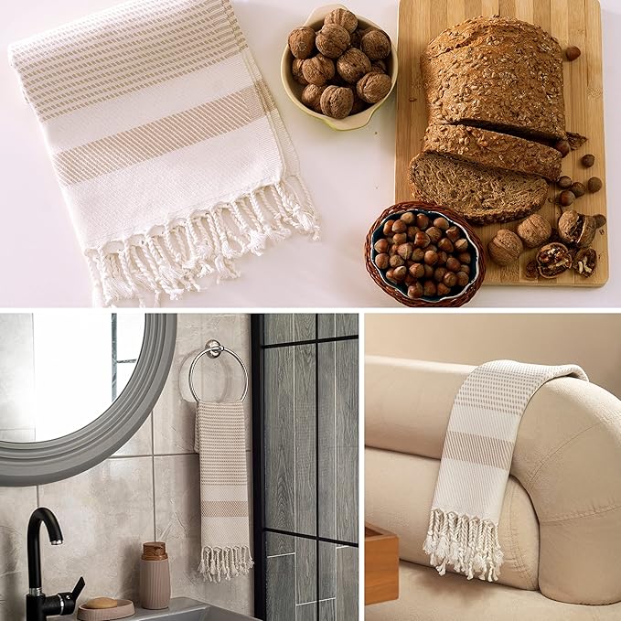 Ruvy Home Basics Turkish Hand Towels for Bathroom Set of 4 | 18"x40", Cotton | Decorative Towel for Bathroom, Kitchen, Dishcloth, Tea, Yoga, Face, Gym - Beige