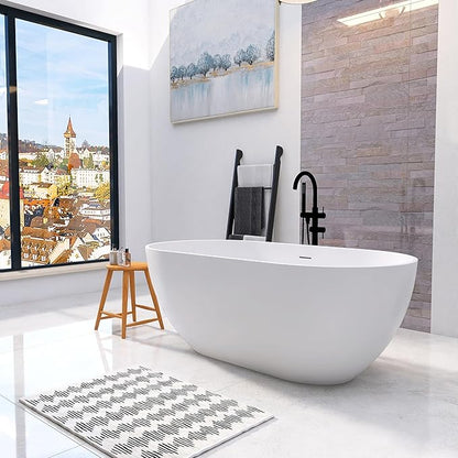 59'' Freestanding Tubs Bathtub Bathroom Solid Surface Resin Stone Bathtubs soaker Tubs Oval Shaped Matte Luxury Modern Soaking Tub with Overflow and Pop-up Drain - White