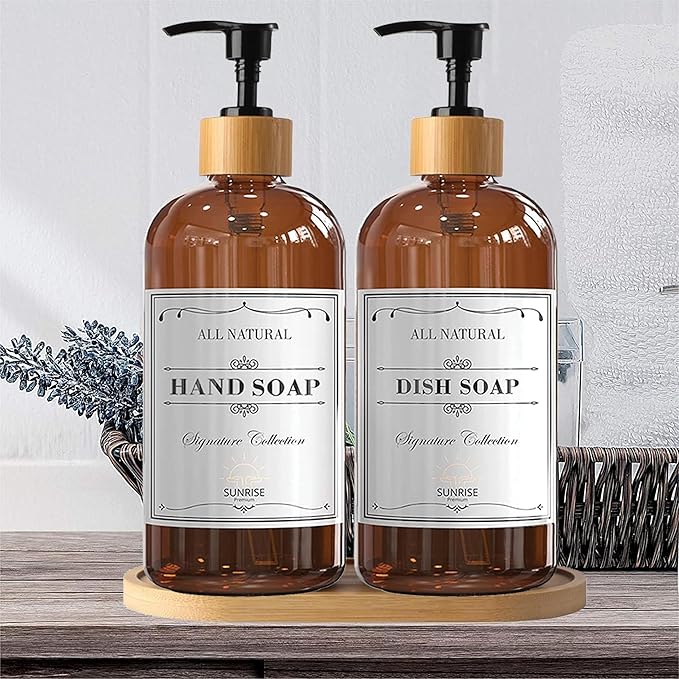 16 OZ Thick Amber Glass Soap Dispenser, Bamboo Pump with Tray 4 Pack, Hand and Dish Soap Dispenser Set for Bathroom with 12 Waterproof Labels