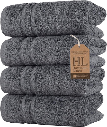 Hawmam Linen Cool Grey Hand Towels 4-Pack - 16x29 Turkish Cotton Premium Quality Soft - Small Towels for Bathroom