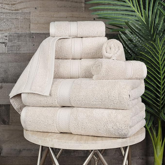 BLUENILEMILLS Madison Egyptian Cotton Towels, Towel Set for Bathroom, Shower, Hotel, Plush, 800 GSM, Highly Absorbent and Ultra-Soft Towels, Bath Essentials, 8 Piece Assorted Towel Set, Stone