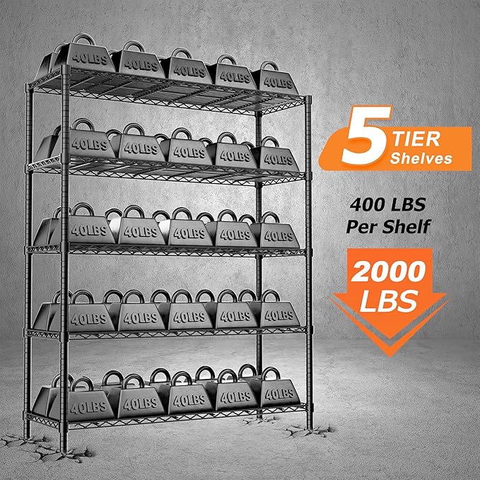 Storage Shelves Heavy Duty with Wheels,48"L x 20"W x 72"H Garage Wire Shelving Unit Loads 2000LBS,5-tier Adjustable Metal Industrial Utility Shelf Rack for Kitchen,Laundry,Pantry,Warehouse,Basement