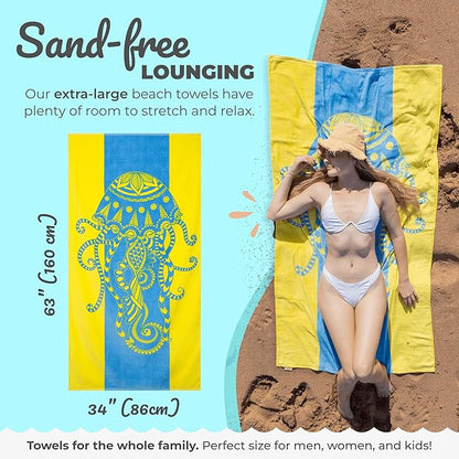 Nova Blue Jellyfish Beach Towel – Tropical Blue & Yellow Colors with A Unique Design, Extra Large, XL (34”x 63”) Made from 100% Cotton