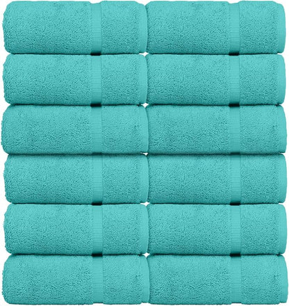 Luxury Hotel & Spa Collection, 100% Turkish Cotton 700 GSM Cloth, for Body wash, Makeup & Facial Cleaning, Baby, face, loofah, Dobby Border Soft washcloths Towel Set 13" X 13", Aqua Blue, Set of 12