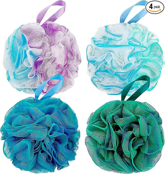 Bath Shower Loofah Sponge 60g Bath Mesh Pouf Shower Ball Body Scrubber Exfoliating Bath Sponge for Women and Men, Set of 4, Flower