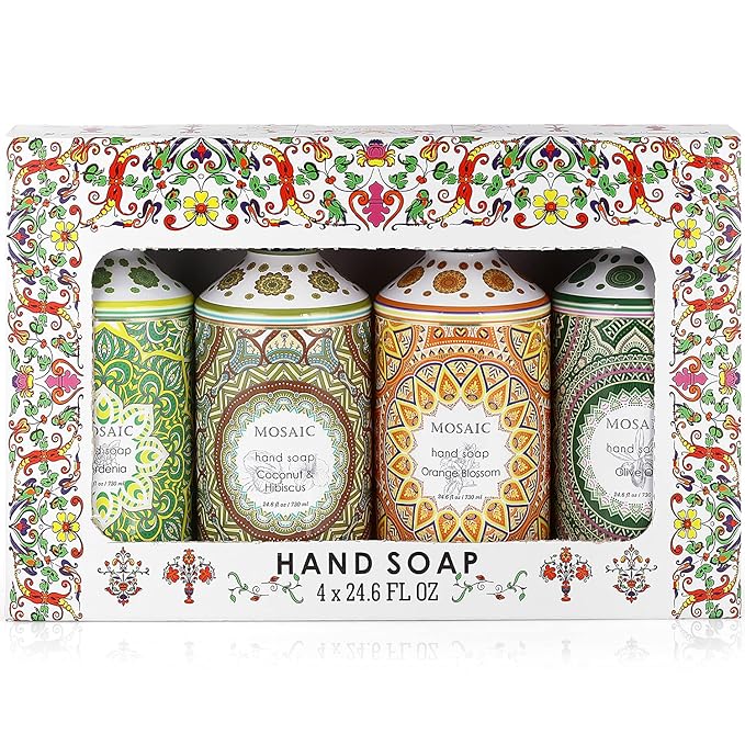 Mosaic Liquid Hand Soap / Wash Gift Set, Ideal Bathroom Kitchen Hand Soap Set , Olive Oil + Coconut & Hibiscus + Gardenia + Orange Blossom, 4 x 24.6 fl oz Each Liquid Soap Bottle