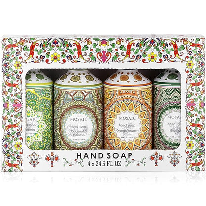 Mosaic Liquid Hand Soap / Wash Gift Set, Ideal Bathroom Kitchen Hand Soap Set , Olive Oil + Coconut & Hibiscus + Gardenia + Orange Blossom, 4 x 24.6 fl oz Each Liquid Soap Bottle