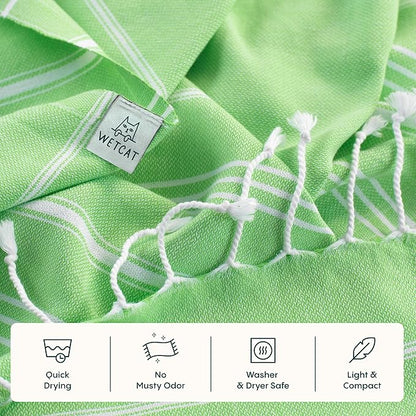WETCAT Turkish Hand Towels with Hanging Loop, Set of 2 (20" x 30") 100% Turkish Cotton, Pre-Washed, Quick Drying, for Kitchen or Bathroom - Lime Green