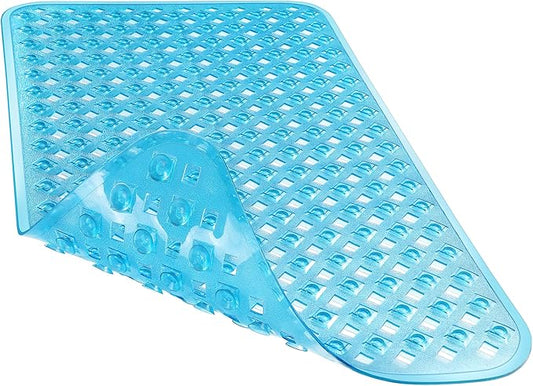 Yimobra Bathtub Mat Non Slip, Super Strong Suction Cups, 27.5"x15.5" Long Shower Mat with Drain Holes, Machine Washable Fast Draining Bath Mats, Bathroom Essentials,Clear Blue