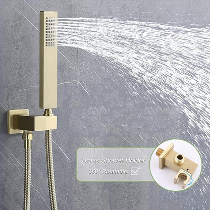 Shower Set Brushed Gold Thermostatic Shower System with Tub Spout, with 12 inch Ceiling Mount Shower Head and 6 PCS Body Jet, Handheld Spray