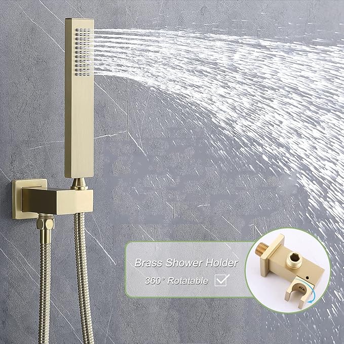 Brushed Gold Digital Display Shower System with 16X24 inch Ceiling Overhead Shower Head(Rain & Waterfall Two Modes), 4 PCS Body Jet and Handheld Spray