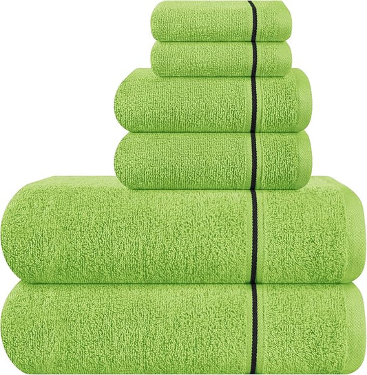 MyOwn Ultra Soft 6 Pack Cotton Towel Set, Contains 2 Bath Towels 28x55 inch, 2 Hand Towels 16x24 inch & 2 Wash Coths 12x12 inch, Ideal Everyday use, Compact & Lightweight - Kiwi Green