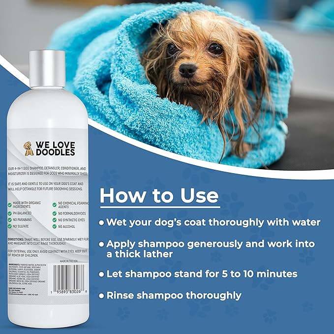 We Love Doodles 2 PACK Pet Rubber Bath Brush and Dog Shampoo (Bundle) - for Shower Scrubbing & Soothing Massage and Organic Dog Shampoo, Conditioner & Detangler - Made in The USA