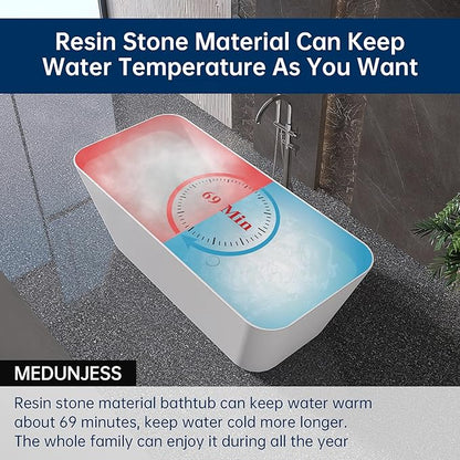 Stone Resin Freestanding Bathtub 67 ", Elegant Oval Shape Soaking Tub, Solid Surface Stand Alone Bathtub with Drain & Integrated Slotted Overflow Matte White AMFS340-1700