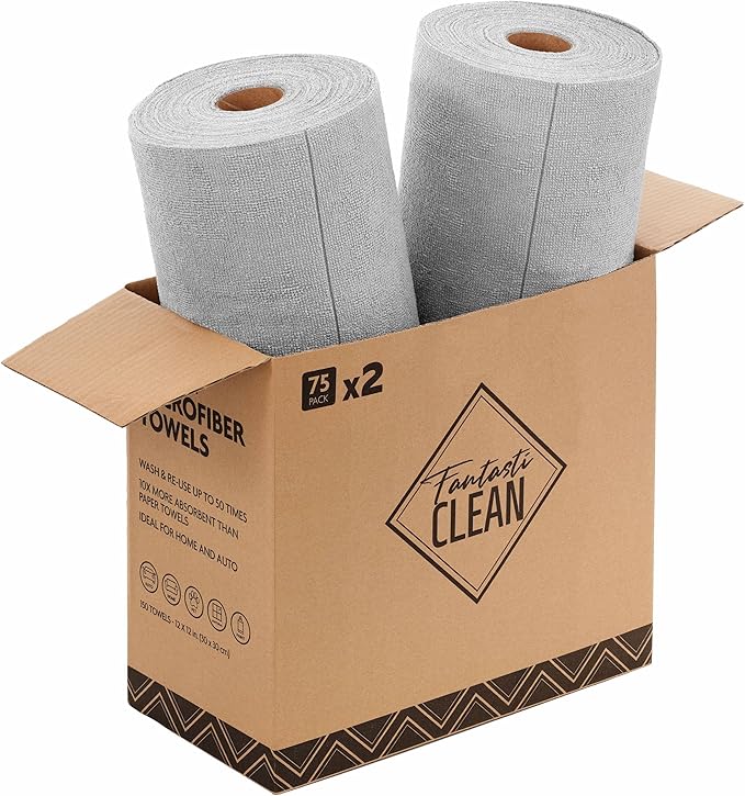 Fantasticlean Microfiber Cleaning Cloth Roll -150 Pack, Tear Away Microfiber Towels, 12" x 12", Reusable, Washable, Ultra Absorbent Dishcloth for Home Supplies, Car, Pet, Kitchen (2 Rolls of Grey)