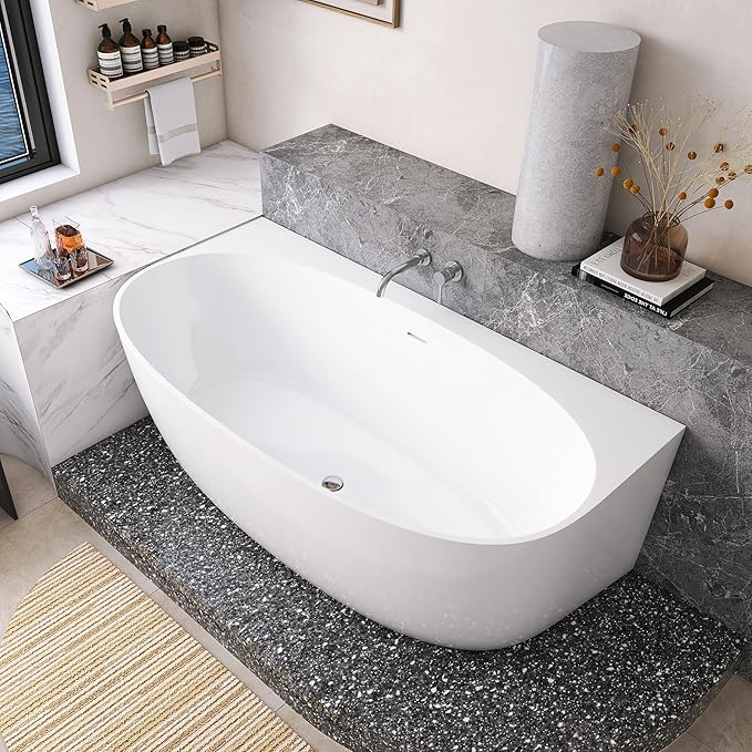 67" Acrylic Back-to-Wall Bathtub,Freestanding Bathtubs, Stand Alone Tub, Soaking Tubs for Bathroom, Integrated Overflow and Drain, cUPC Certified, Gloss White