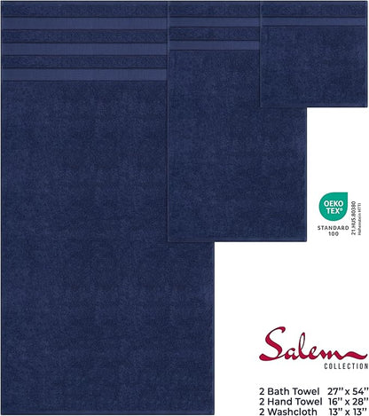 American Soft Linen Salem Turkish Bath Towel Set, 100% Cotton 600 GSM 6 Piece Towels for Bathroom, 2 Bath Towels 2 Hand Towels 2 Washcloths, Navy Blue