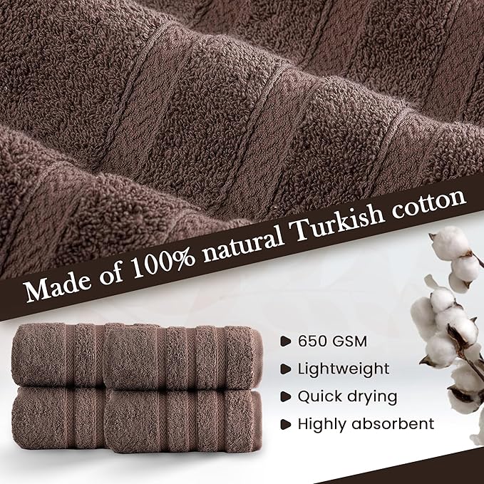 HALLEY Turkish 4 Pack Premium Hand Towels (4 Pieces) 650 GSM Highly Absorbent Super Soft 100% Cotton - 4 Hand Towels (Brown)