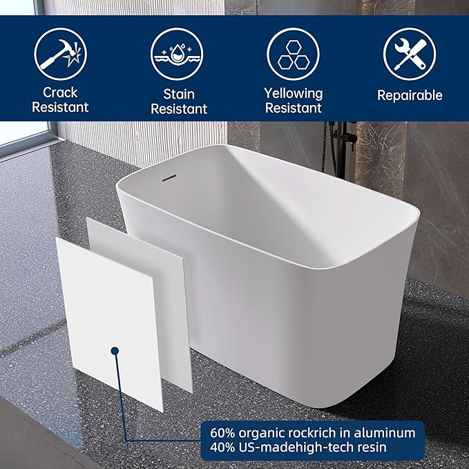 47" Stone Resin Freestanding Bathtub, Freestanding Bathtub with seat,Oval Solid Surface Japanese Soaking Bathtubs with Drain & Integrated Slotted Overflow Matte White MG003-1200