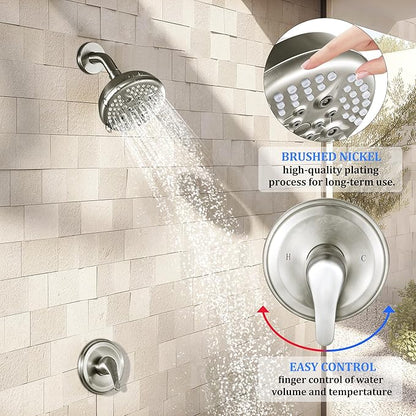 KINSE Shower Faucet Set, 5 Spray Rain Shower Fixtures, 5inchShower Head and HandleSet, Brushed Nickel shower kit with valve and shower head