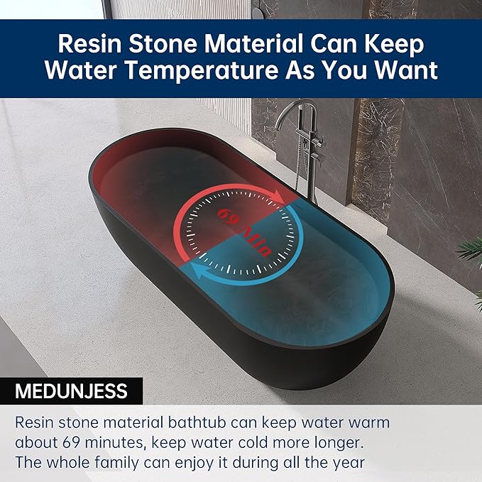 69" Stone Resin Freestanding Bathtub, Oval Solid Surface Bathroom Freestanding Tub, Thin Edge Stand Alone Tub with Integrated Slotted Overflow and Pop-up Drain, Matte Black AFS307-1750