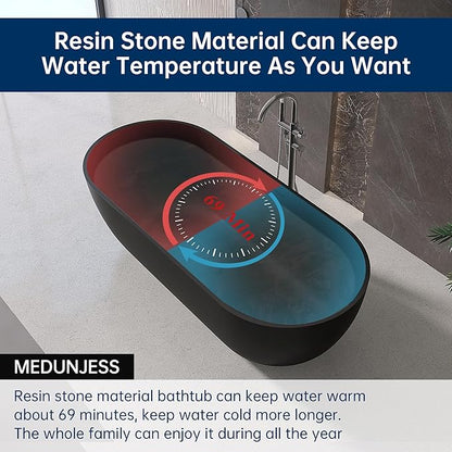 69" Stone Resin Freestanding Bathtub, Oval Solid Surface Bathroom Freestanding Tub, Thin Edge Stand Alone Tub with Integrated Slotted Overflow and Pop-up Drain, Matte Black AFS307-1750