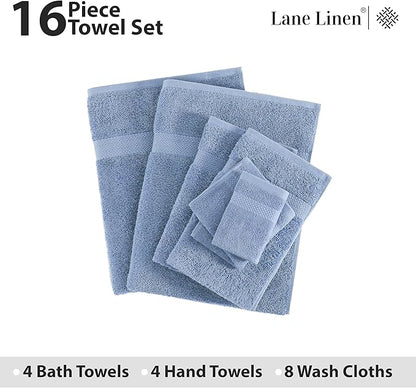 LANE LINEN 100% Cotton Premium Bathroom Towels Set - 16 Pieces - Ring Spun, Quick Dry, Super Soft & Highly Absorbent - 4 Bath, 8 Washcloths, 4 Hand Towels for Bathroom - Pre Shrunk - Cerulean Blue