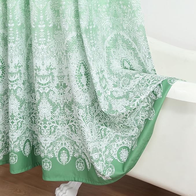 90 Inch Extra Long Shower Curtain - Chantilly Lace Design, Heavyweight Polyester, Grass Green to White Ombre, 72" W x 90" H