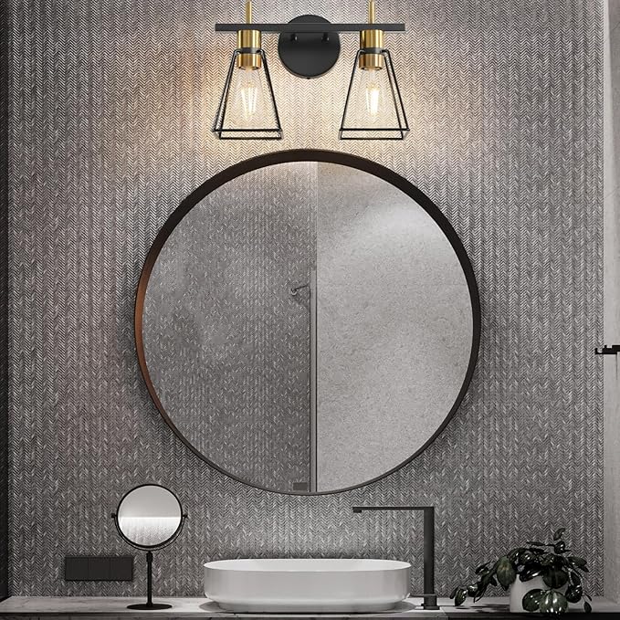 Industrial Bathroom Vanity Lights: 2 Lights Black and Gold Vintage Metal Cage Wall Sconces - Rustic Farmhouse Lightning Fixture Over Mirrors Cabinet for Home Hallway