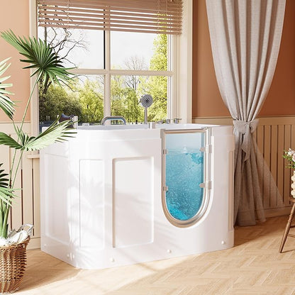 Homary Walk-In Bathtub for Seniors with Hydrotherapy Massage - Air Bubble Jets Bathtub, LED Chromatherapy Light, Thermostatic Faucet, Built-In Seat & Grab Bars, 3-Sided Apron Safety Tub for Elderly