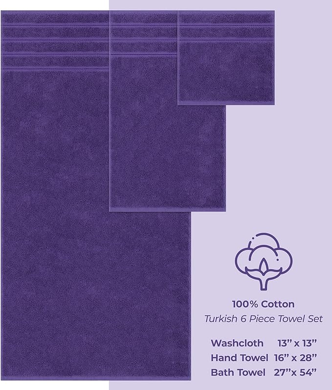 American Soft Linen Luxury 6 Piece Towel Set, 2 Bath Towels 2 Hand Towel 2 Washcloths, 600 GSM 100% Cotton Turkish Towels for Bathroom, Purple Towel Sets