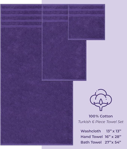 American Soft Linen Luxury 6 Piece Towel Set, 2 Bath Towels 2 Hand Towel 2 Washcloths, 600 GSM 100% Cotton Turkish Towels for Bathroom, Purple Towel Sets