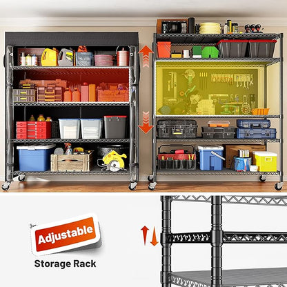 REIBII 45''W Storage Shelves Waterproof Metal Shelving with Cover Dustproof, Wire Shelving Unit Covers & Wheels Garage Storage Rack Wire Shelf for Kitchen Pantry, Storage Room, 45Wx17.72Dx72.83H