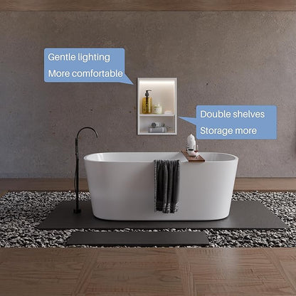 Lighted Shower Niche,Bathroom Wall Niche with LED Light Strip Waterproof,No Tile Needed,Double Shelves Stainless Steel,(Matta White, 18 * 12 * 4 in)