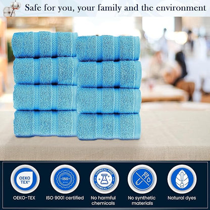 HALLEY Turkish 8 Pack Premium Washcloths (8 Pieces) 650 GSM Highly Absorbent Super Soft 100% Cotton - 8 Washcloths (Blue)