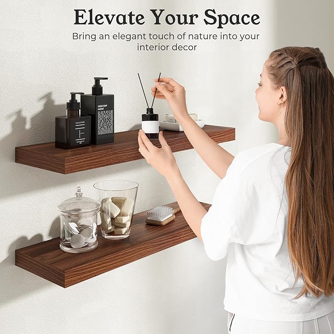 Floating Shelves for Wall, 9.3" Deep Wall Mounted Wood Shelves for Bathroom, Bedroom, Living Room, Kitchen, Hanging Shelf for Books/Storage/Room Decor (Walnut, 30")
