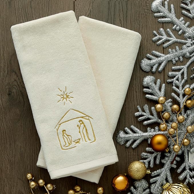 SKL Home Religious/Christmas/Winter Nativity Hand Towel 2pc Set for Bath/Kitchen & Gift, Natural