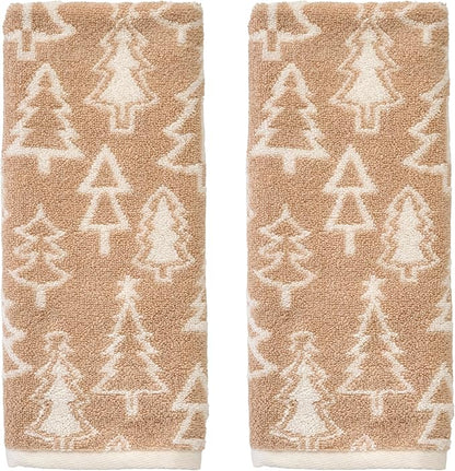 SKL Home Christmas/Winter Mod Tree 100% Cotton Premium 2-Piece Hand Towel Set, 450 GSM, Reversible Jacquard, Soft & Absorbent, Decorative for Bath/Kitchen/Bar, Tan