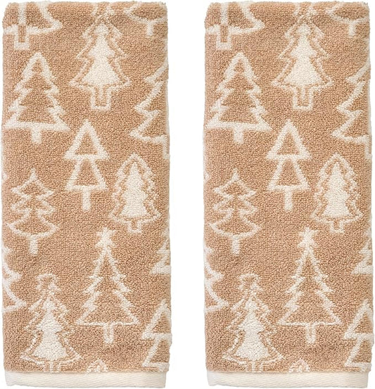 SKL Home Christmas/Winter Mod Tree 100% Cotton Premium 2-Piece Hand Towel Set, 450 GSM, Reversible Jacquard, Soft & Absorbent, Decorative for Bath/Kitchen/Bar, Tan
