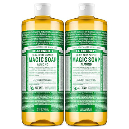 Dr. Bronner's Pure-Castile Magic Liquid Soap (Almond, 32 Ounce, 2-Pack)- Made with Regenerative Organic Certified Oils, 18-in1 Uses: Face, Hair, Hand & Body Soap, Laundry, Pets- Concentrated, Vegan