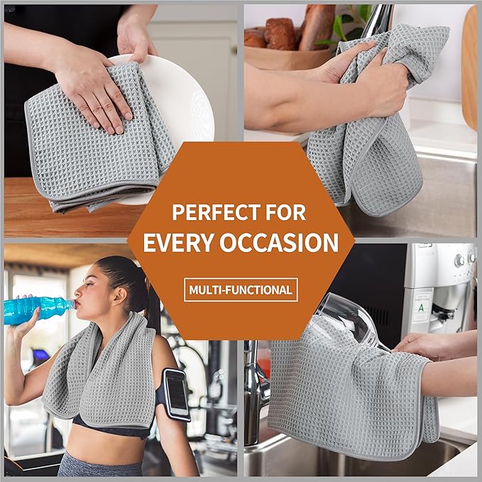Microfiber Waffle Hand Towels, 4 Pieces, Soft, Absorbent, Fast Drying, Lint Free (Silver)