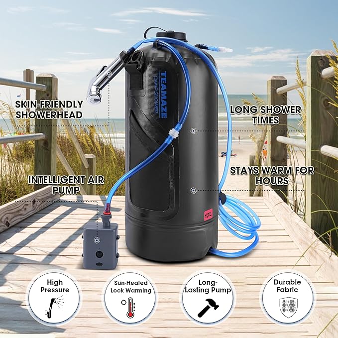 Teamaze Camping Shower,12L Portable Camp Shower Bag with Upgraded Screw Lid, Auto Pressure Pump, Solar Shower, Camping Shower Head for Beach Camping, Hiking, Traveling, Washing