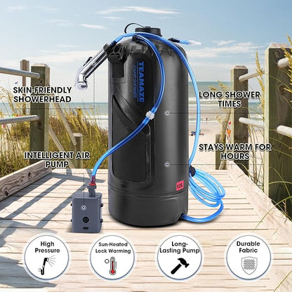 Teamaze Camping Shower,12L Portable Camp Shower Bag with Upgraded Screw Lid, Auto Pressure Pump, Solar Shower, Camping Shower Head for Beach Camping, Hiking, Traveling, Washing