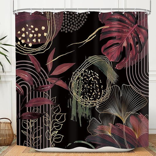 Black Burgundy Boho Shower Curtain 72Wx72H Mid Century Modern Abstract Minimalist Geometric Tropical Palm Leaves Plant Bathroom Decor Gold Arch Bath Curtain Fabric Polyester 12 Pack Hooks